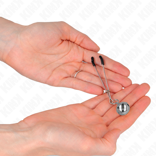 Pinze per capezzoli a campana sottili KINK NIPPLE GRIP, lunghezza 7 cm, in argento, visibili in primo piano.