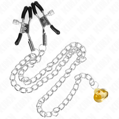 Pinze per capezzoli a catena KINK NIPPLE GRIP con pendente in corno, lunghezza 30 cm, in metallo e pelle.