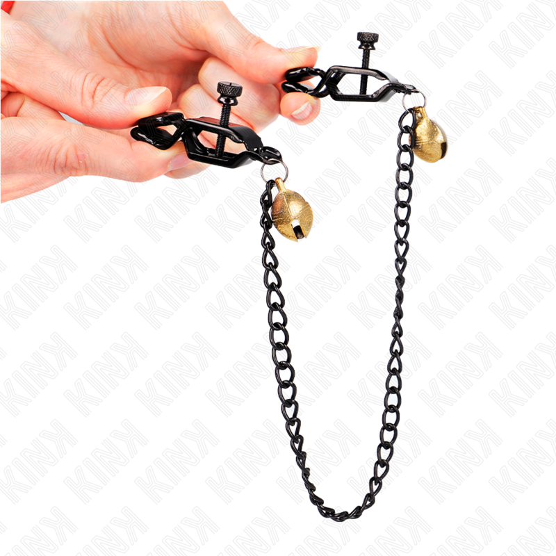 Pinze per capezzoli a catena piatt a campana argento KINK Nipple Grip, lunghezza 30 cm, con catena e campana in stile BDSM