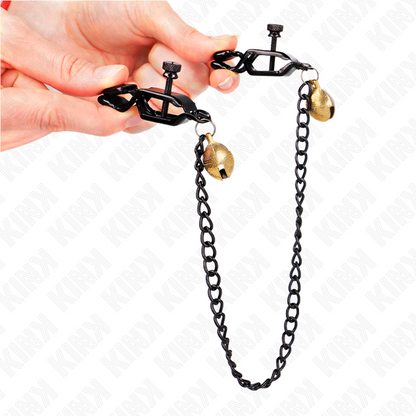 Pinze per capezzoli a catena piatt a campana argento KINK Nipple Grip, lunghezza 30 cm, con catena e campana in stile BDSM