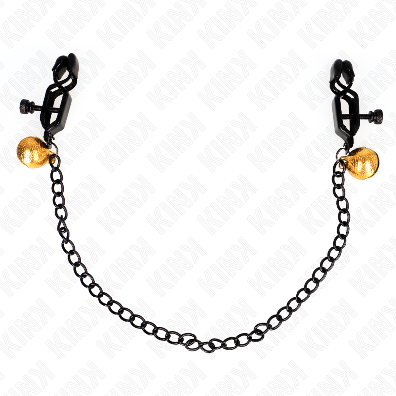 Pinze per capezzoli a catena piatta e campana argento KINK Nipple Grip, lunghezza 30 cm, con dettagli in metallo lucido.