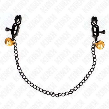 Pinze per capezzoli a catena piatta e campana argento KINK Nipple Grip, lunghezza 30 cm, con dettagli in metallo lucido.
