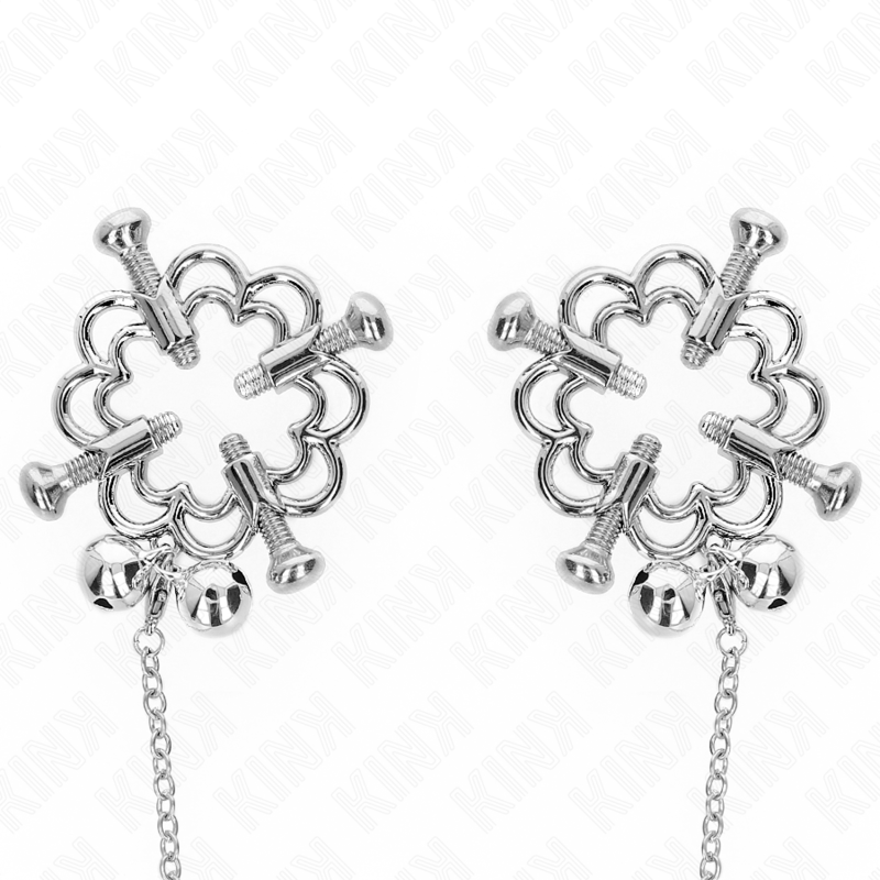 Pinze per capezzoli a fiore in metallo KINK NIPPLE GRIP con catena, accessorio per BDSM, dettagli metallici e design a fiore.