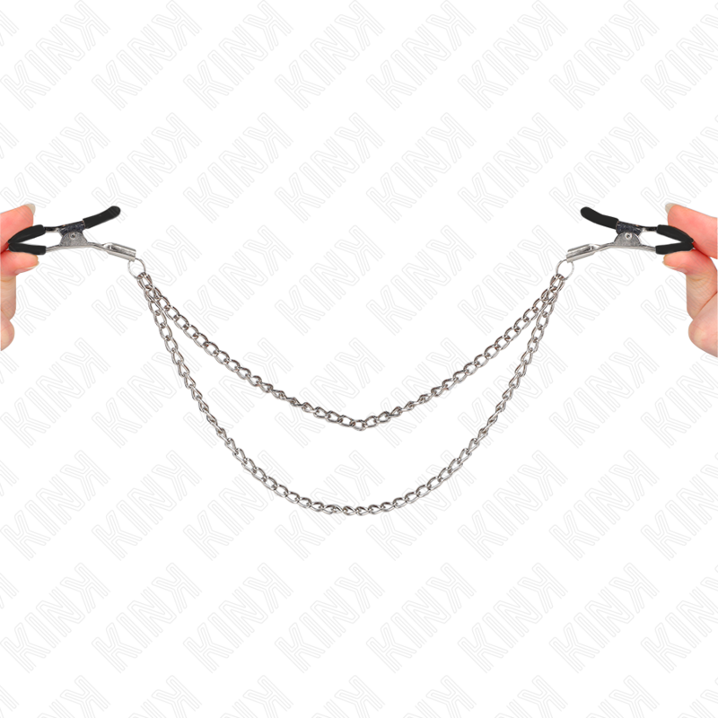 Pinze per capezzoli KINK NIPPLE GRIP con 2 catene spesse in argento da 20-23 cm, strumento di bondage e gioco erotico.
