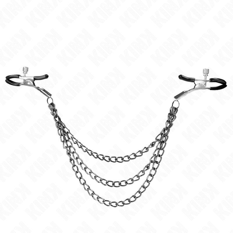 Pinze per capezzoli KINK NIPPLE GRIP con tre catene nere di 20, 23 e 28 cm, visibili in primo piano sull'immagine.