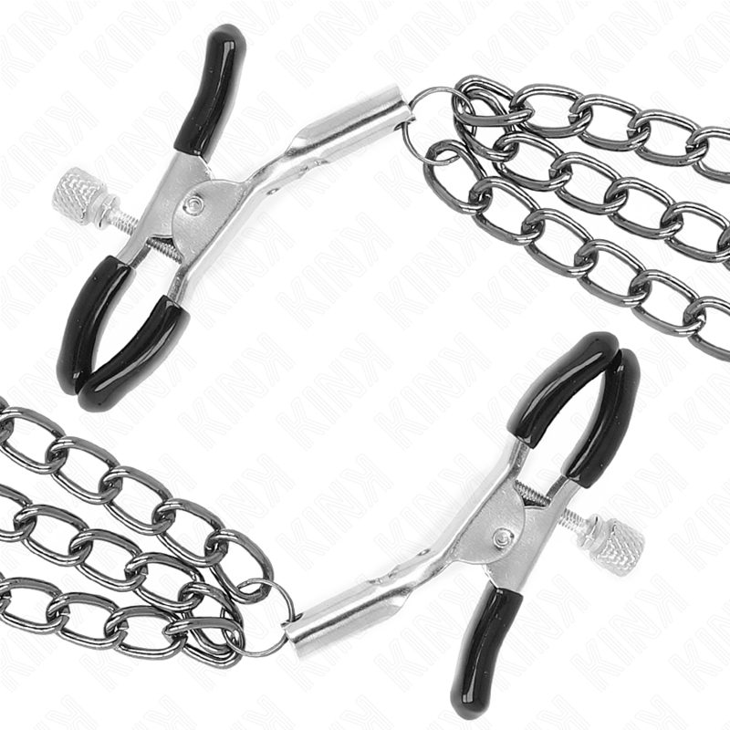 Pinze per capezzoli KINK NIPPLE GRIP con tre catene nere da 20, 23 e 28 cm, in acciaio, per giochi BDSM e stimolazione.