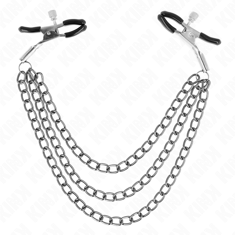 Pinze per capezzoli KINK NIPPLE GRIP con tre catene nere da 20, 23 e 28 cm, mostra le pinze e le catene in dettaglio