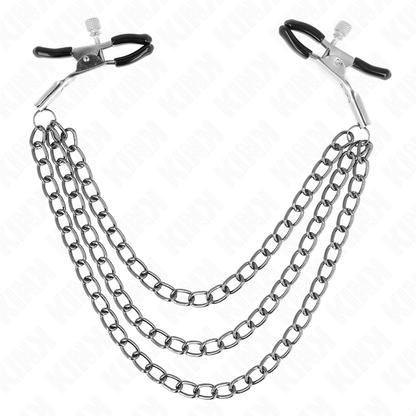 Pinze per capezzoli KINK NIPPLE GRIP con tre catene nere da 20, 23 e 28 cm, mostra le pinze e le catene in dettaglio