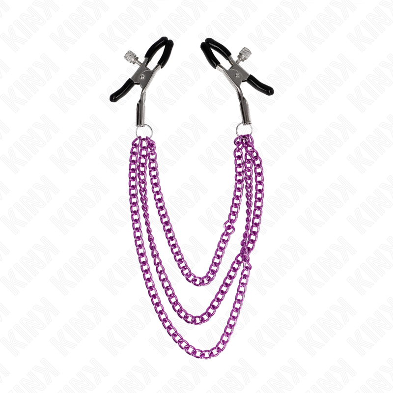 Pinze per capezzoli KINK NIPPLE GRIP con 3 catene viola da 20 a 28 cm, mostrano dettagli del prodotto in metallo.