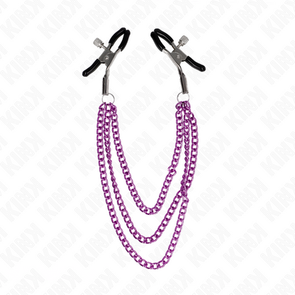 Pinze per capezzoli KINK NIPPLE GRIP con 3 catene viola da 20 a 28 cm, mostrano dettagli del prodotto in metallo.