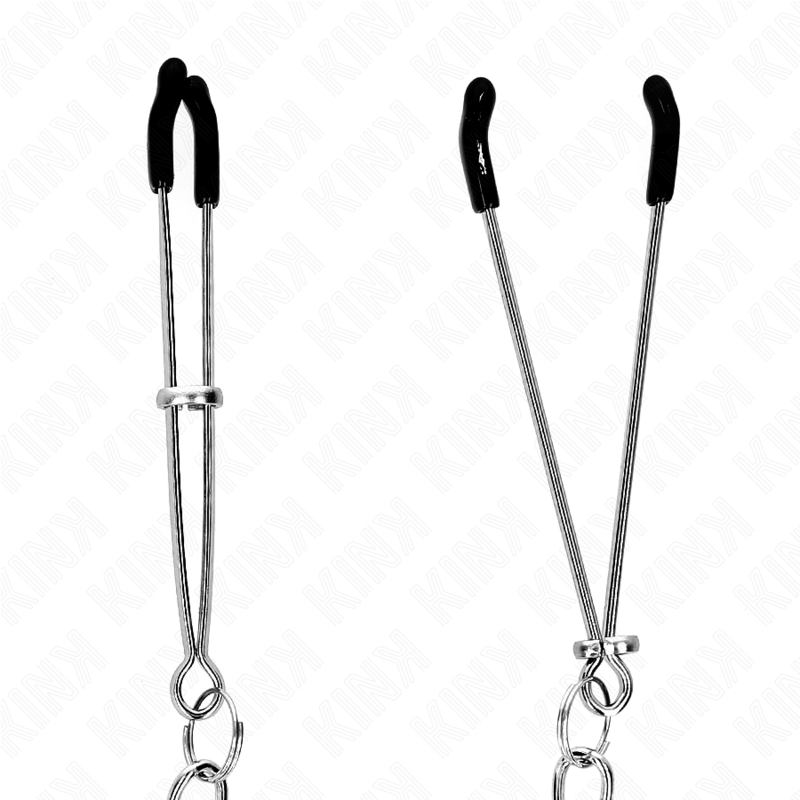 Pinze per capezzoli KINK Nipple Grip con catena spessa lunga 30 cm, per pratiche BDSM e giochi di dominazione.