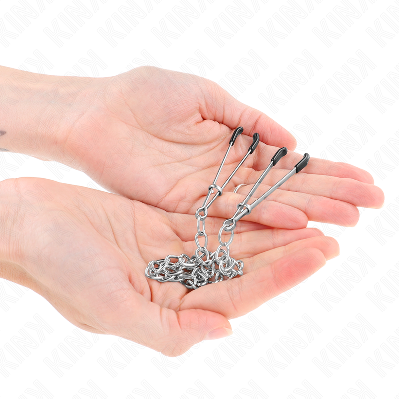 Pinze per capezzoli sottili KINK NIPPLE GRIP con catena spessa da 30 cm, in acciaio, per giochi erotici.
