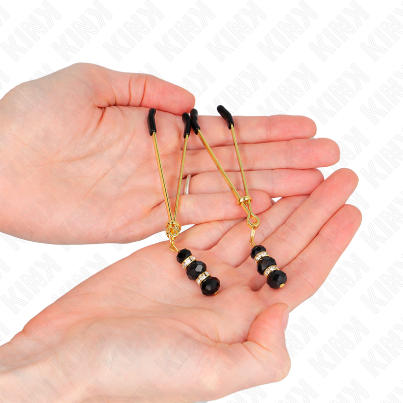 Pinze per capezzoli KINK NIPPLE GRIP oro con tre perline di vetro nere, lunghezza 7 cm, per stimolazione e decorazione.