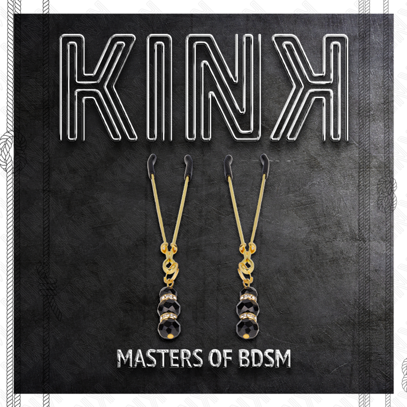 Pinze per capezzoli KINK in oro con tre perline di vetro nere, lunghezza 7 cm, per giochi di piercing e stimolazione.