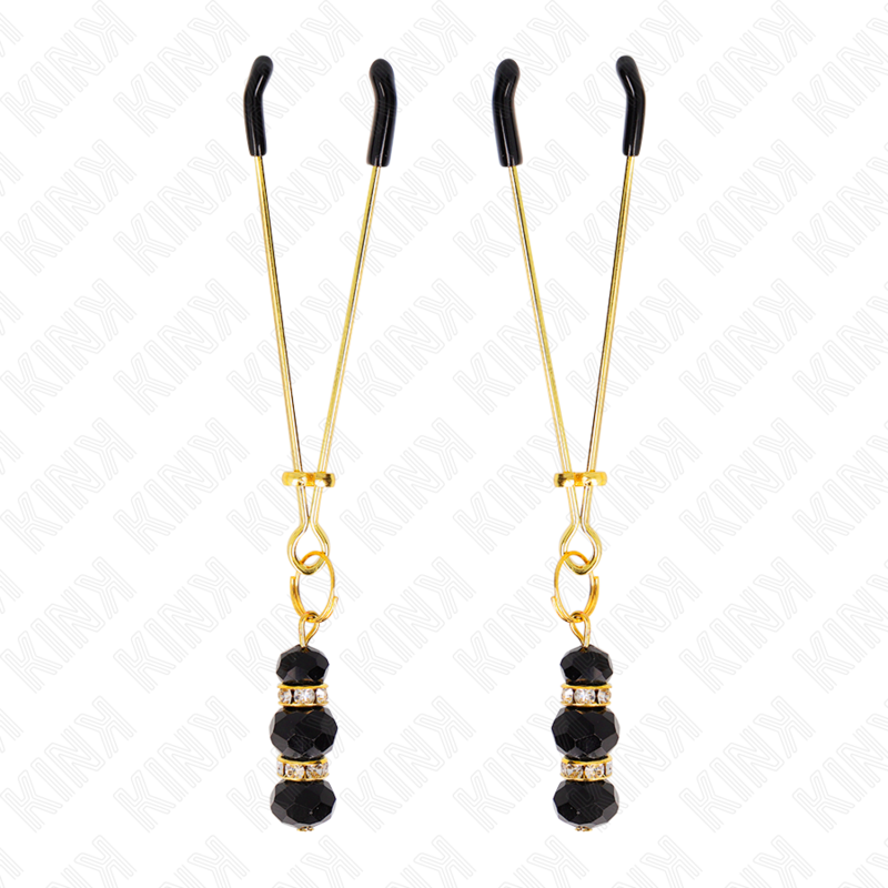Pinze per capezzoli sottili KINK Oro con 3 perline di vetro nere, lunghezza 7 cm, brand KINK NIPPLE GRIP