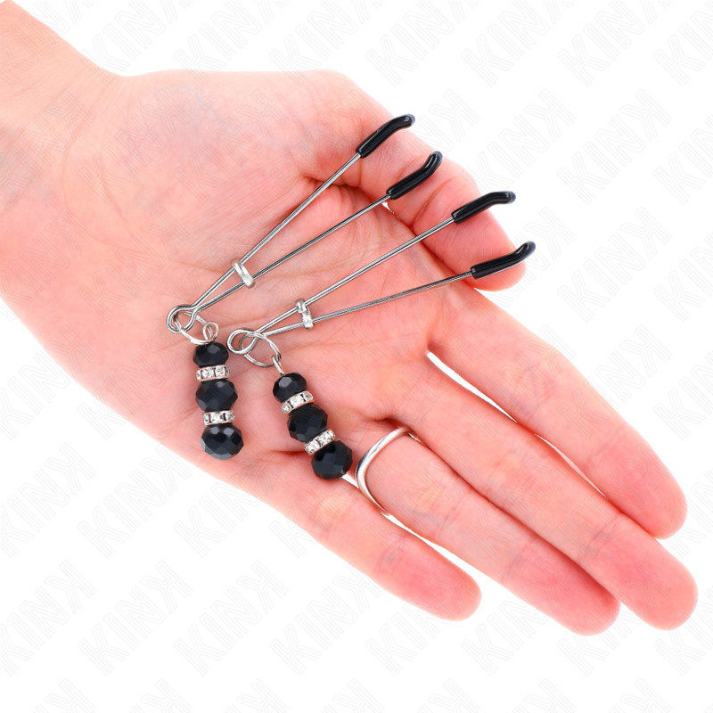 Pinze per capezzoli KINK Nipple Grip in oro con tre perline di vetro nere, lunghezza 7 cm, oggetto per piercing e giochi sensoriali