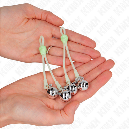 Pinze per capezzoli KINK Teschio Luminoso con anello campana regolabile, color verde e argento, marca KINK NIPPLE GRIP