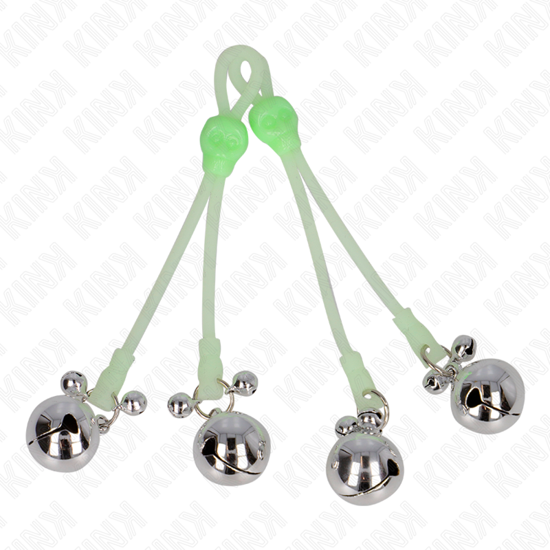 Pinze per capezzoli KINK Teschio luminoso con anello campane regolabile in verde e argento, dettagli luminosi e design originale.