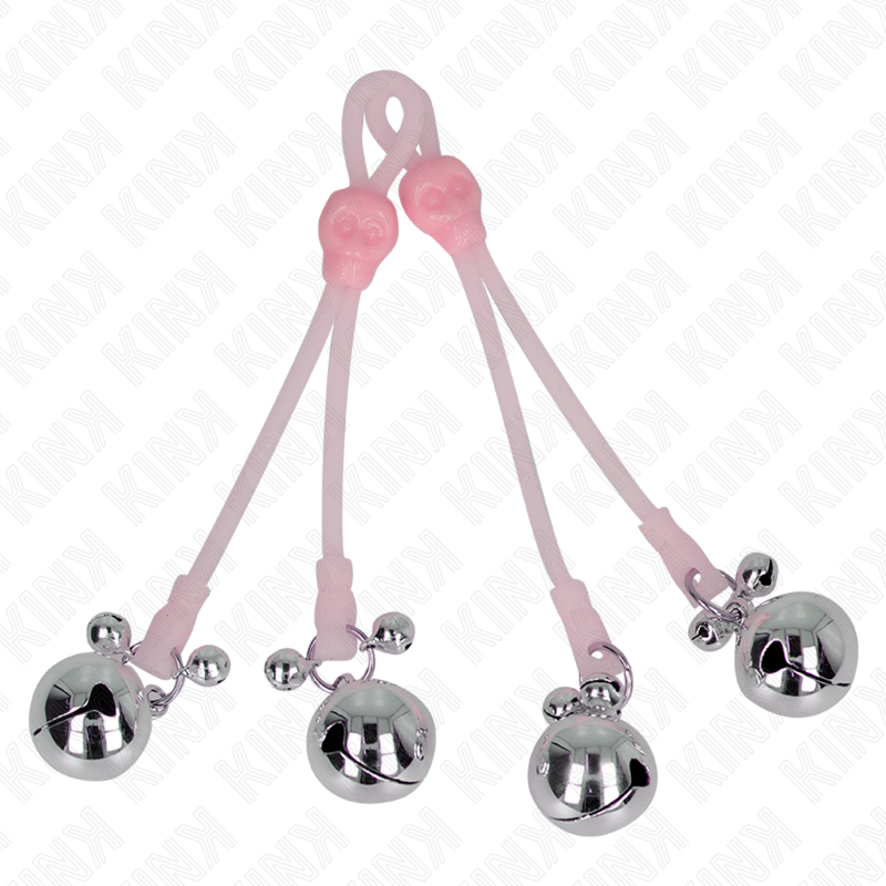 Pinze per capezzoli KINK Teschio luminoso con anello, campanelli regolabili rosa e argento, per giochi BDSM e stimolazione sensoriale.