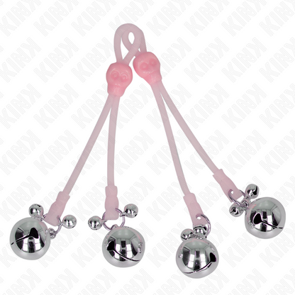 Pinze per capezzoli KINK Teschio luminoso con anello, campanelli regolabili rosa e argento, per giochi BDSM e stimolazione sensoriale.