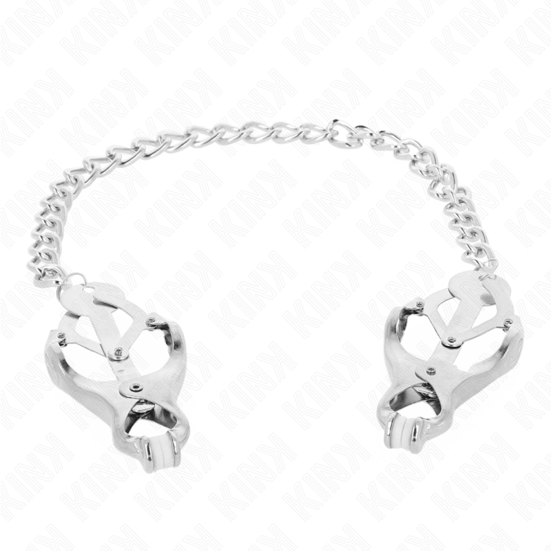 Pinze per capezzoli KINK Nipples Grip con catena argentata da 30 cm, design trifullo giapponese, oggetto di piercing e BDSM