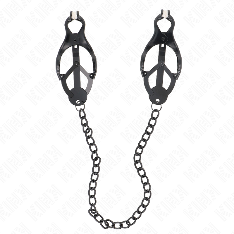Pinze per capezzoli KINK Nipples Grip con catena nera, lunghezza 30 cm, stile giapponese e design a trifoglio.