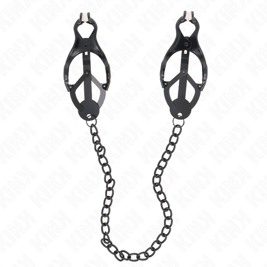 Pinze per capezzoli KINK Nipples Grip con catena nera, lunghezza 30 cm, stile giapponese e design a trifoglio.