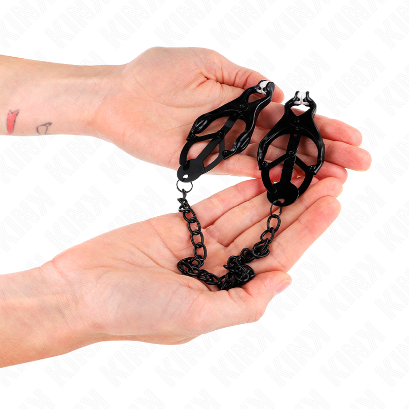 Pinze per capezzoli KINK Nippple Grip con catena nera, lunghezza 30 cm, design trifo-glio, per uso sensoriale e BDSM