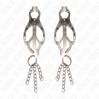 Pinze per capezzoli KINK NIPPLE GRIP con trifoglio giapponese e catenine argento, strumenti per piercing e stimolazione sensuale