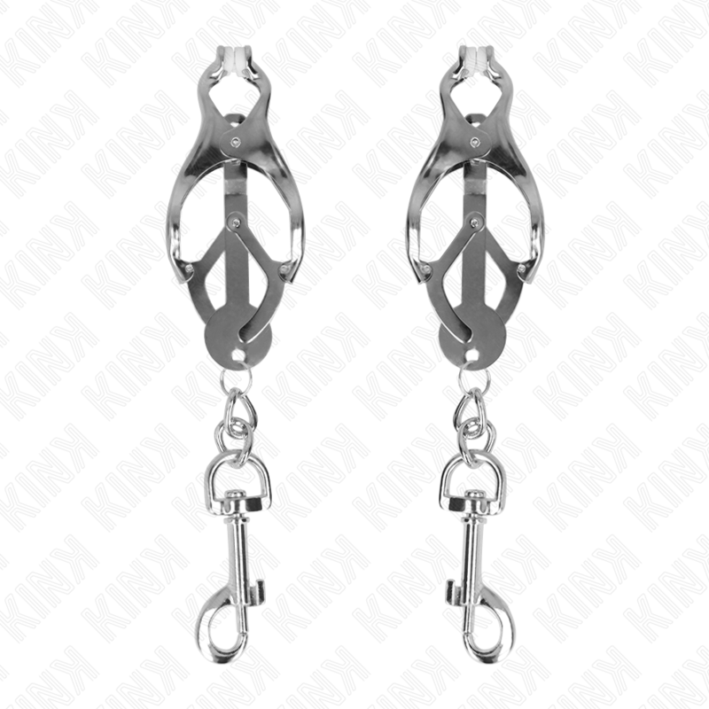 Pinze per capezzoli KINK NIPPLE GRIP con ganci in argento e design trifo-glio giapponese, mostrano i dettagli delle pinze.