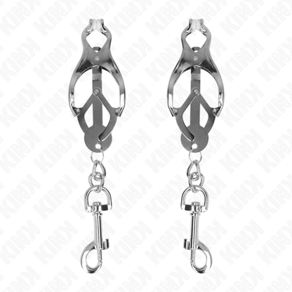 Pinze per capezzoli KINK NIPPLE GRIP con ganci in argento e design trifo-glio giapponese, mostrano i dettagli delle pinze.