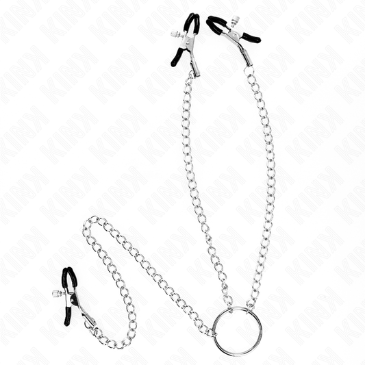 Pinze per capezzoli tripli e clit KINK NIPPLE GRIP con catena, in metallo, dettagli visivi evidenziati.