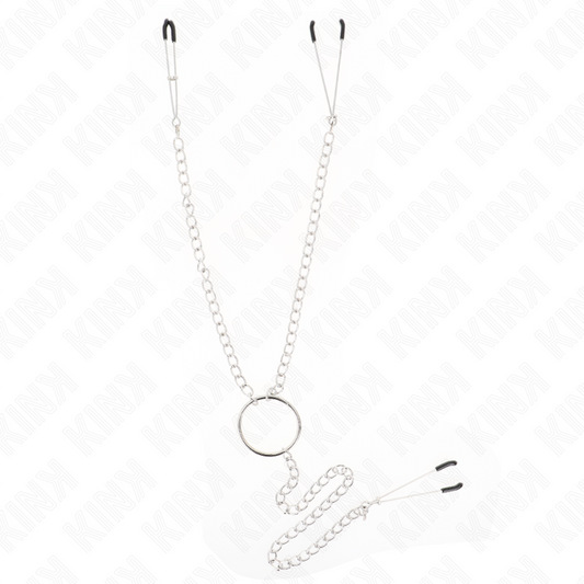 Pinze per capezzoli tripli e clitoride KINK NIPPLE GRIP con catena, modello 1, in acciaio, visibile in immagine