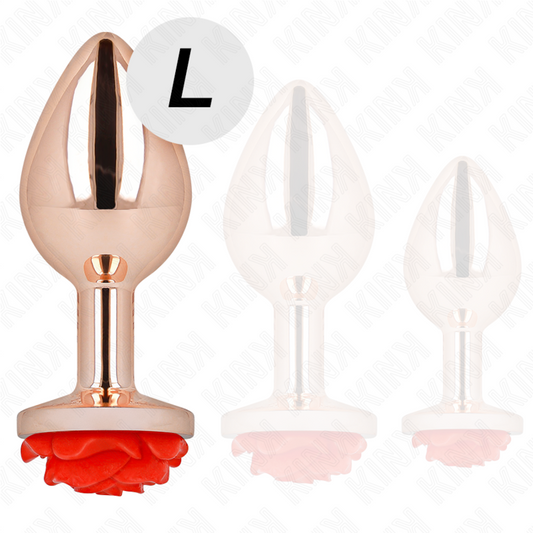 Plug anale in oro rosa con rosa rossa, prodotto KINK Pleasure Plugs, dettaglio elegante e design raffinato
