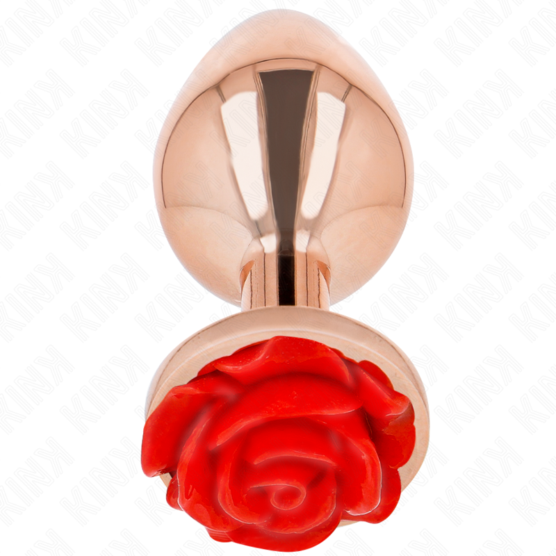 Plug anale in oro rosa con rosa rossa, prodotto KINK Pleasure Plugs, con superficie lucida e design elegante.