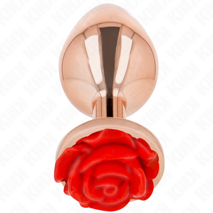 Plug anale in oro rosa con rosa rossa, prodotto KINK Pleasure Plugs, con superficie lucida e design elegante.