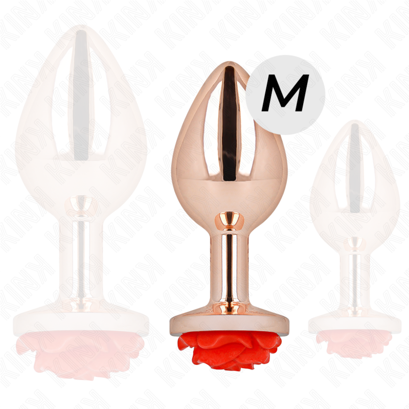 Plug anale in oro rosa con rosa rossa della linea KINK Pleasure Plugs, design elegante e dettagli curati.