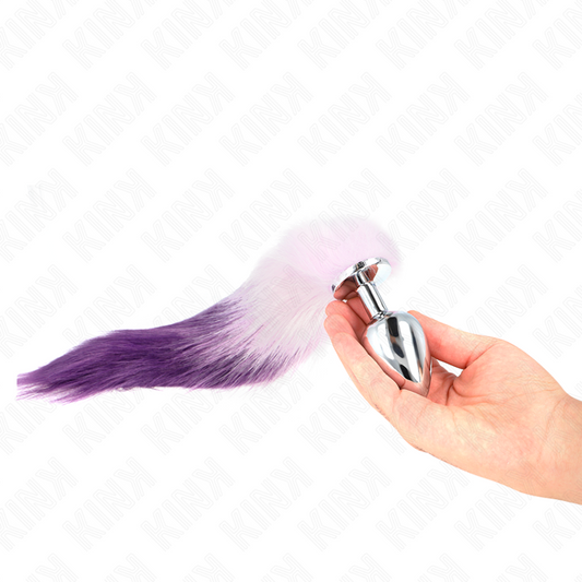 Plug anale KINK misura L, 10x4 cm, con coda sintetica viola da 40 cm, di KINK PLEASURE PLUGS, visibile in immagine.