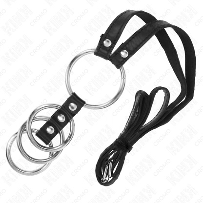 Anelli per pene in metallo collegati da 3,8 a 5 cm con cintura in pelle lunga 112 cm, prodotto KINK RING POWER.
