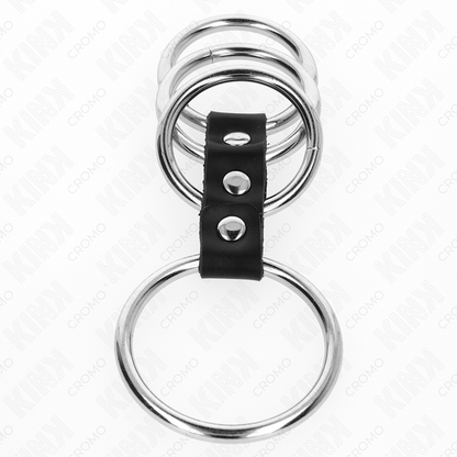 Anelli per pene in metallo KINK RING POWER, 4 pezzi collegati da pelle, lunghezza da 3,7 a 5 cm, in acciaio.