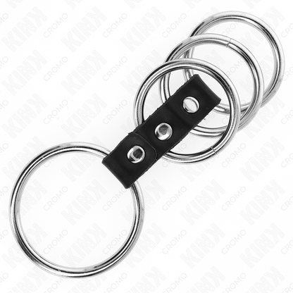 Anelli per pene in metallo della linea KINK RING POWER collegati da pelle, lunghezza variabile da 3,7 cm a 5 cm.