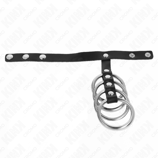 Anelli per pene in metallo da 3,8 cm collegati con cinturino in pelle da 22x1,5 cm e chiusura a pressione, marca KINK RING POWER