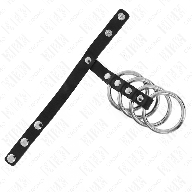 Anelli per pene in metallo da 3,8 cm collegati a cinturino in pelle da 22x1,5 cm con chiusura a pressione, marca KINK RING POWER.