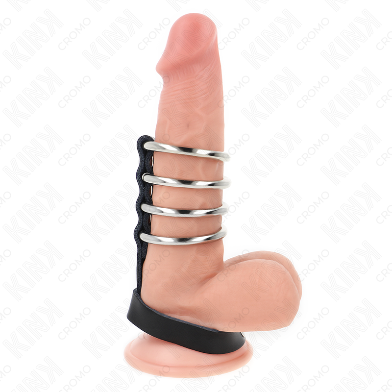 Anelli per pene in metallo da 3,8 cm collegati con cinturino in pelle da 22 x 1,5 cm con chiusura a pressione, marca KINK RING POWER.
