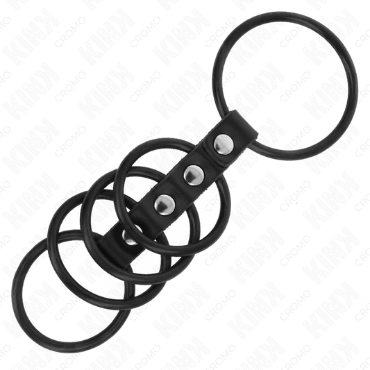Anelli per pene in silicone KINK RING POWER, collegati da pelle, vari diametri da 3,8 a 4,8 cm, testo e texture visibili nell'immagine.