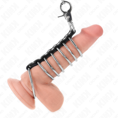Anello per pene KINK in metallo con pelle e catena da 100 cm, lunghezza regolabile, prodotto della linea KINK RING POWER.