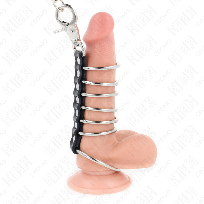 Anelli per pene in metallo KINK RING POWER, collegati con pelle e catena di 100 cm, lunghezza da 3,8 a 5 cm, dettagli visibili