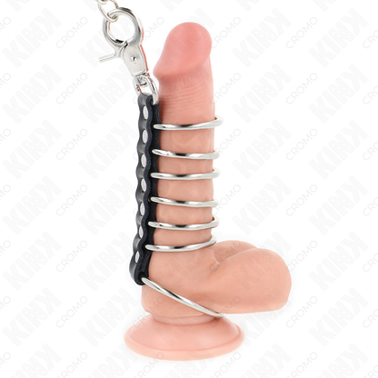 Anelli per pene in metallo KINK RING POWER, collegati con pelle e catena di 100 cm, lunghezza da 3,8 a 5 cm, dettagli visibili