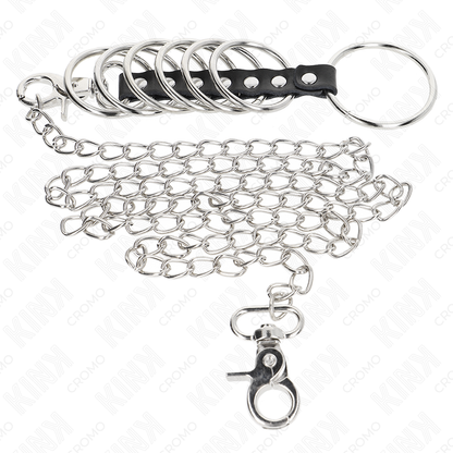 Anelli per pene in metallo KINK RING POWER, collegati con pelle e catena in metallo lunga 100 cm, lunghezza da 3,8 a 5 cm