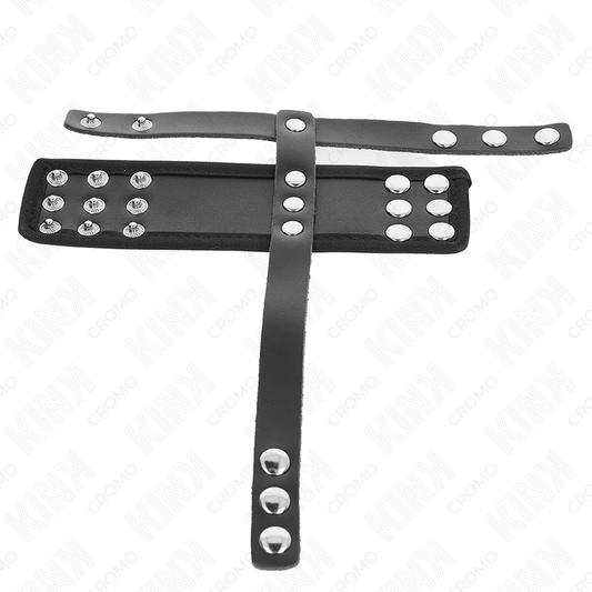 Anello per pene in pelle con cinturino divisore per palline, regolabile, marca KINK RING POWER, visibile in dettaglio.